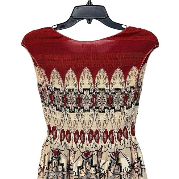 Sophie Max | Rust Cream Micropleat Smocked Bodice Cap Sleeve Midi Dress M - Picture 5 of 7